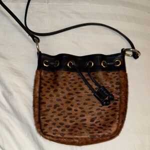 Saks Fifth Avenue Leopard Print Leather Crossbody Mini Bucket Bag